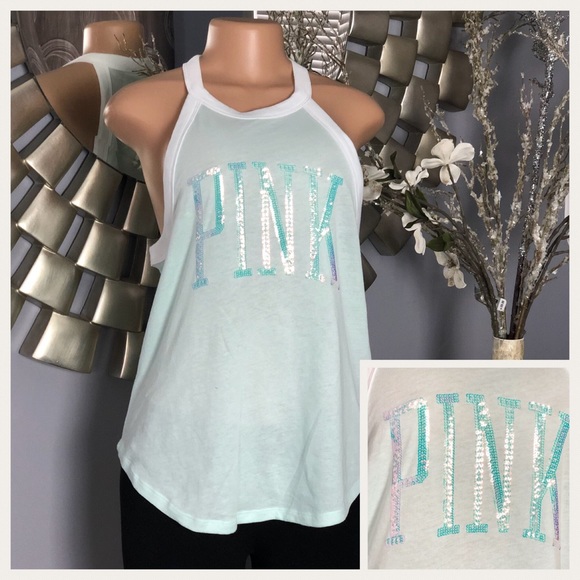 PINK Victoria's Secret Tops - NWT...PINK Sequin Logo Tank Top Aqua
